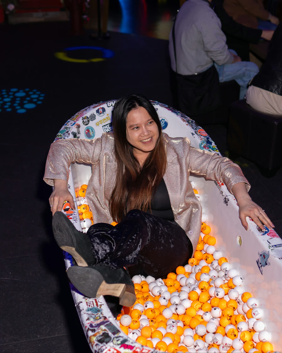 Guests in the colorful ball pit at Space Ping Pong